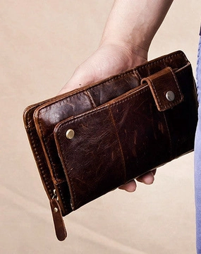 Men Leather clutch Vintage Bifold Black Long wallet men leather zip clutch bag