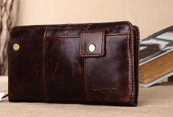 Men Leather clutch Vintage Bifold Black Long wallet men leather zip clutch bag