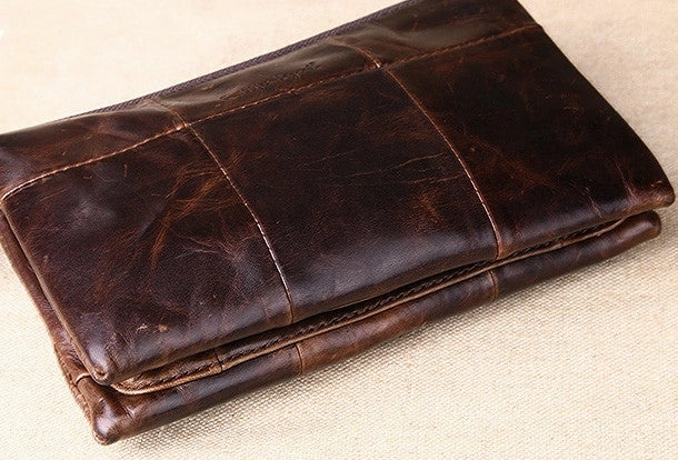 Men Leather clutch Vintage Bifold Dark Coffee Long wallet men leather zip clutch bag
