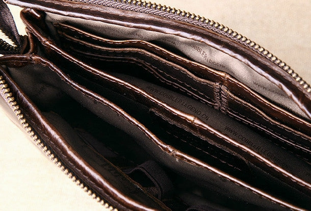 Men Leather clutch Vintage Bifold Dark Coffee Long wallet men leather zip clutch bag