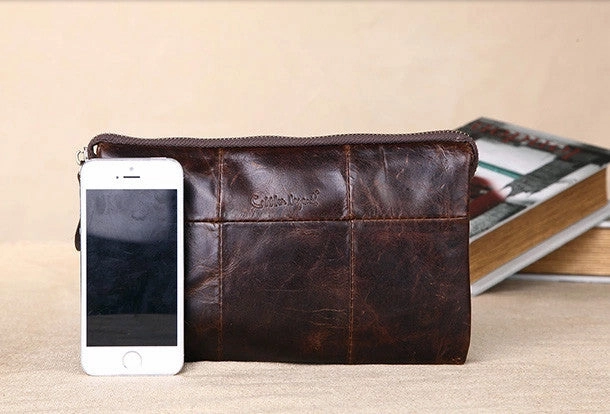 Men Leather clutch Vintage Bifold Dark Coffee Long wallet men leather zip clutch bag