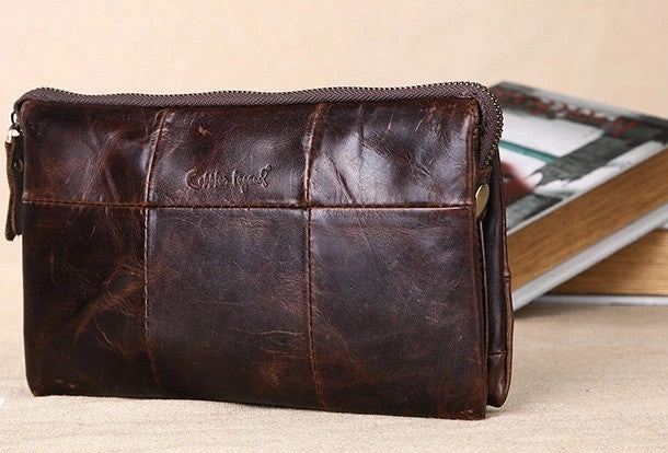 Men Leather clutch Vintage Bifold Dark Coffee Long wallet men leather zip clutch bag