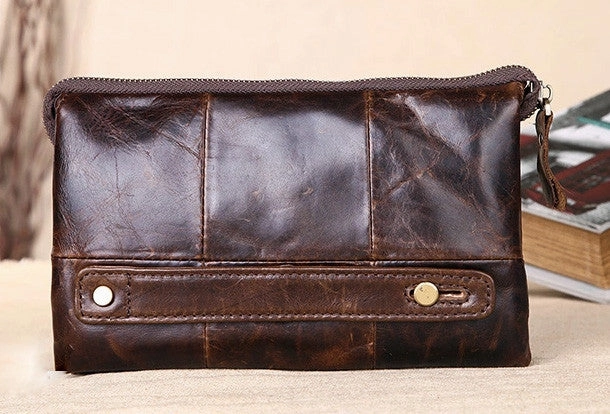 Men Leather clutch Vintage Bifold Dark Coffee Long wallet men leather zip clutch bag