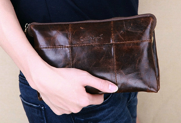 Men Leather clutch Vintage Bifold Dark Coffee Long wallet men leather zip clutch bag