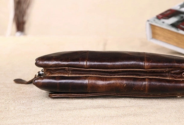 Men Leather clutch Vintage Bifold Dark Coffee Long wallet men leather zip clutch bag