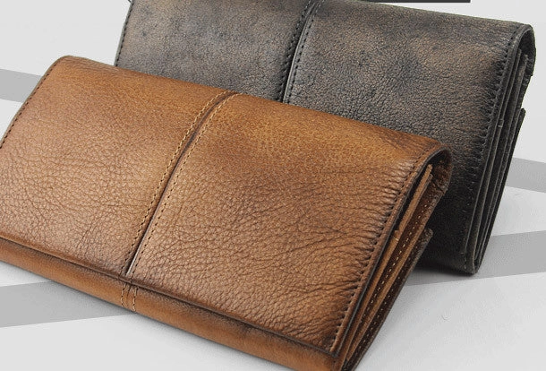 men long leather wallet men bifold vintage gray brown long wallet clutch for him