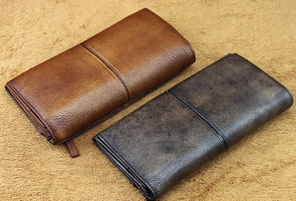 men long leather wallet men bifold vintage gray brown long wallet clutch for him