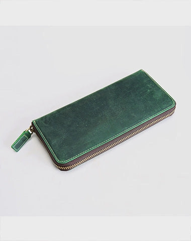MENS Green LEATHER ZIPPER LONG CLUTCH Personalized WALLETs ZIPPER VINTAGE LONG WALLET FOR MEN