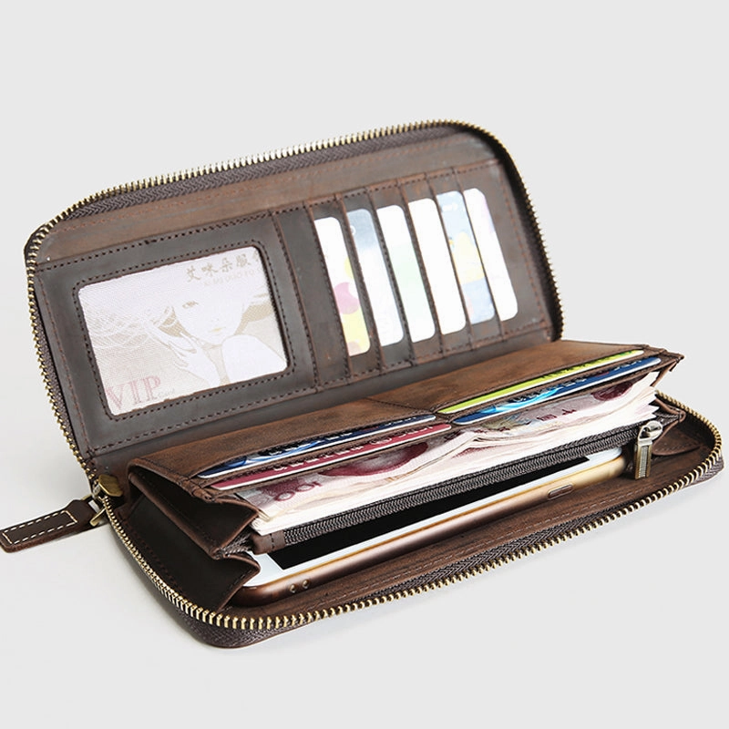 MENS Green LEATHER ZIPPER LONG CLUTCH Personalized WALLETs ZIPPER VINTAGE LONG WALLET FOR MEN