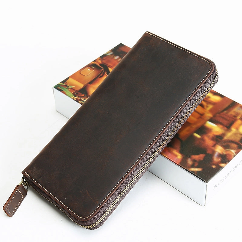 MENS Green LEATHER ZIPPER LONG CLUTCH Personalized WALLETs ZIPPER VINTAGE LONG WALLET FOR MEN
