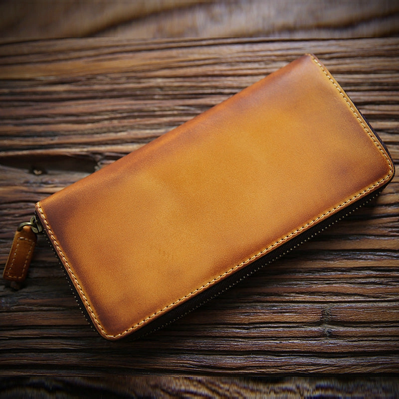 MENS Green LEATHER ZIPPER LONG CLUTCH Personalized WALLETs ZIPPER VINTAGE LONG WALLET FOR MEN