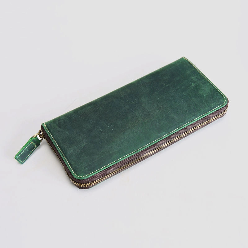 MENS Green LEATHER ZIPPER LONG CLUTCH Personalized WALLETs ZIPPER VINTAGE LONG WALLET FOR MEN