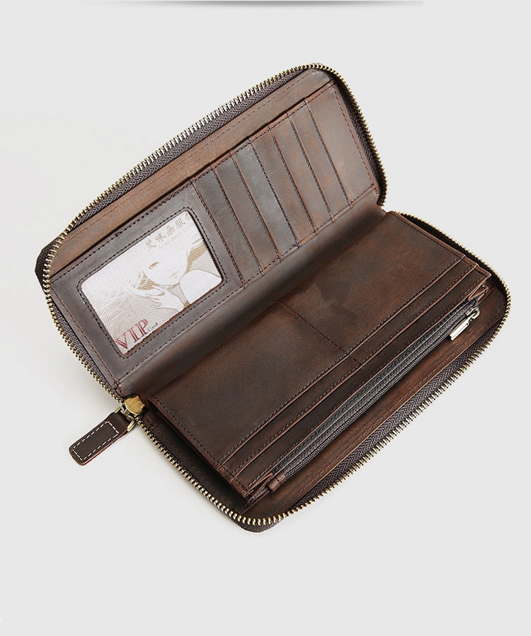 MENS Green LEATHER ZIPPER LONG CLUTCH Personalized WALLETs ZIPPER VINTAGE LONG WALLET FOR MEN