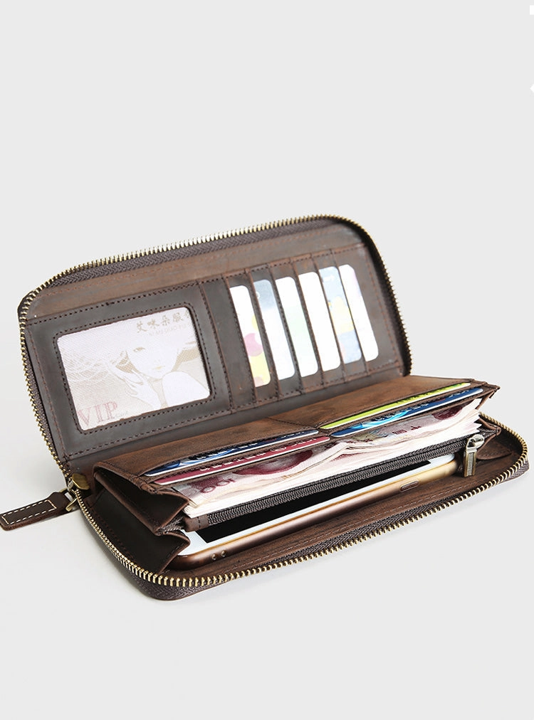 MENS Green LEATHER ZIPPER LONG CLUTCH Personalized WALLETs ZIPPER VINTAGE LONG WALLET FOR MEN