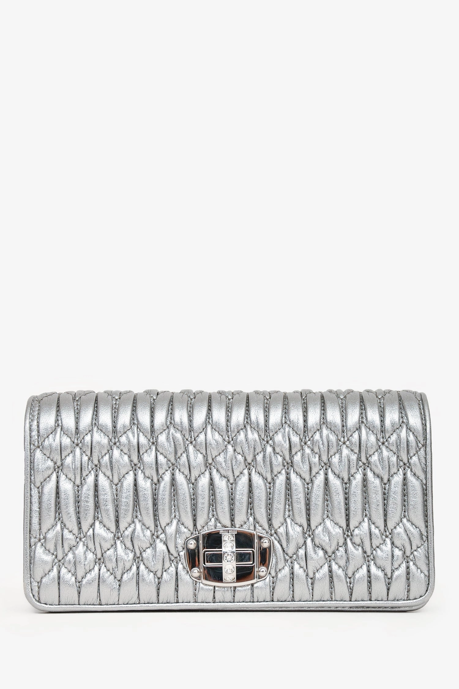 Miu Miu Silver Metallic Leather Matelasse Crossbody Bag with Chain