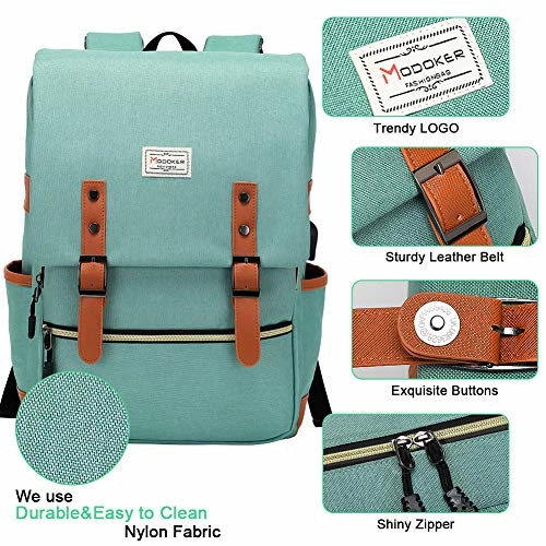 Modoker Womens Vintage Laptop Backpack with USB Charging Port, Slim Laptop Backpack for Women Men Travel School College Teal Bookbag Fashion Rucksack Backpack Fits 15.6 Inch Notebook, Daypack Green