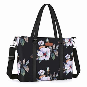 MOSISO USB Port Laptop Tote Bag (17-17.3 inch) with Adjustable Top Handle, Laptop Bag for Women, Durable Polyester Portable Lightweight Work Office Travel Shopping Shoulder Bag, Hibiscus Black