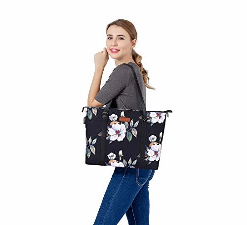 MOSISO USB Port Laptop Tote Bag (17-17.3 inch) with Adjustable Top Handle, Laptop Bag for Women, Durable Polyester Portable Lightweight Work Office Travel Shopping Shoulder Bag, Hibiscus Black
