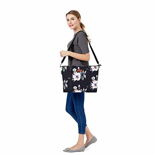MOSISO USB Port Laptop Tote Bag (17-17.3 inch) with Adjustable Top Handle, Laptop Bag for Women, Durable Polyester Portable Lightweight Work Office Travel Shopping Shoulder Bag, Hibiscus Black