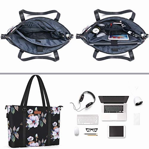 MOSISO USB Port Laptop Tote Bag (17-17.3 inch) with Adjustable Top Handle, Laptop Bag for Women, Durable Polyester Portable Lightweight Work Office Travel Shopping Shoulder Bag, Hibiscus Black