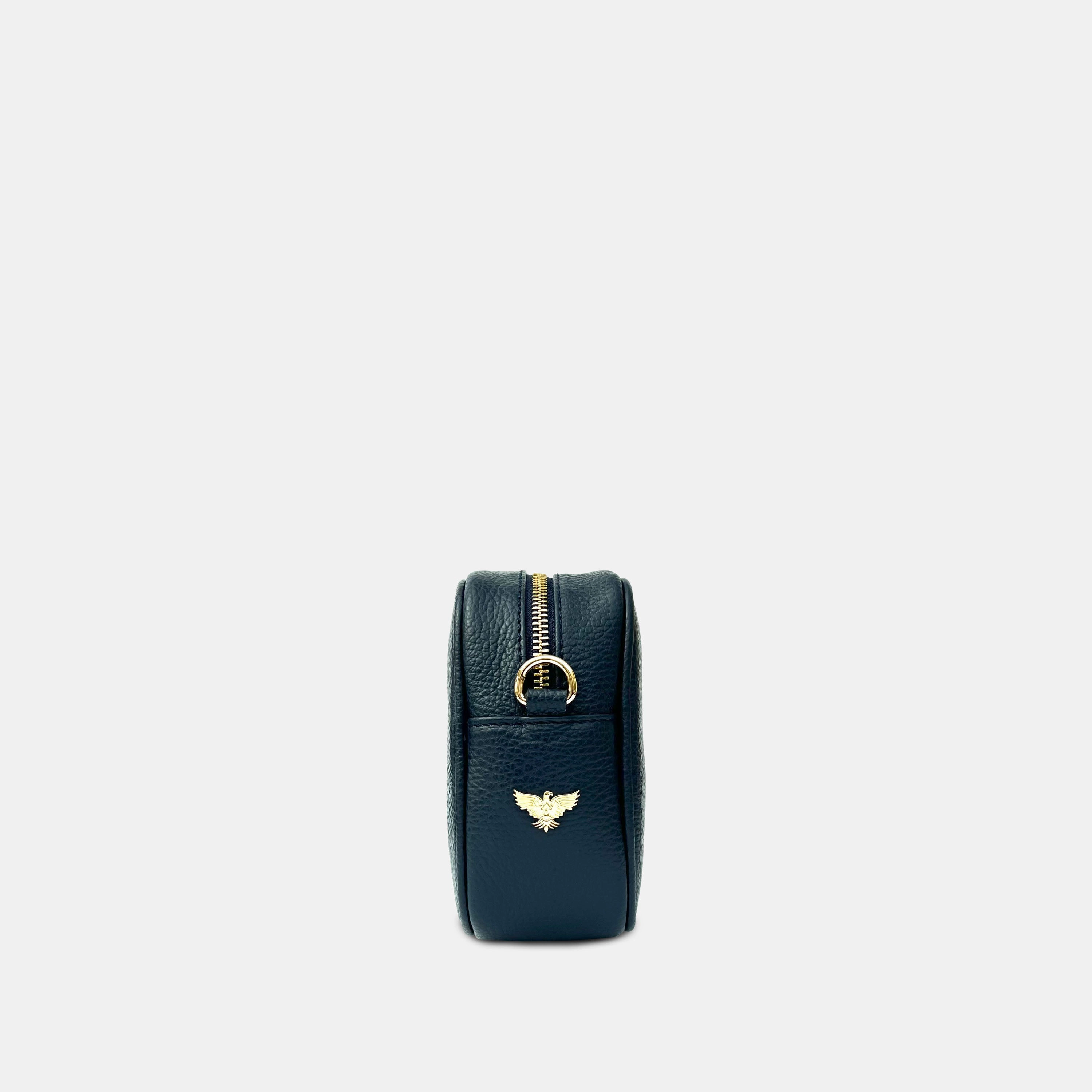 Navy Leather Crossbody Bag With Navy Leopard Strap