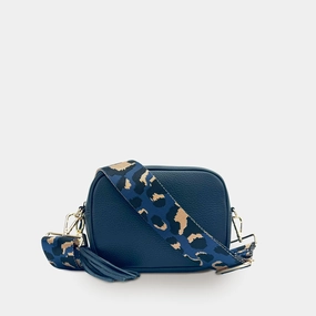 Navy Leather Crossbody Bag With Navy Leopard Strap