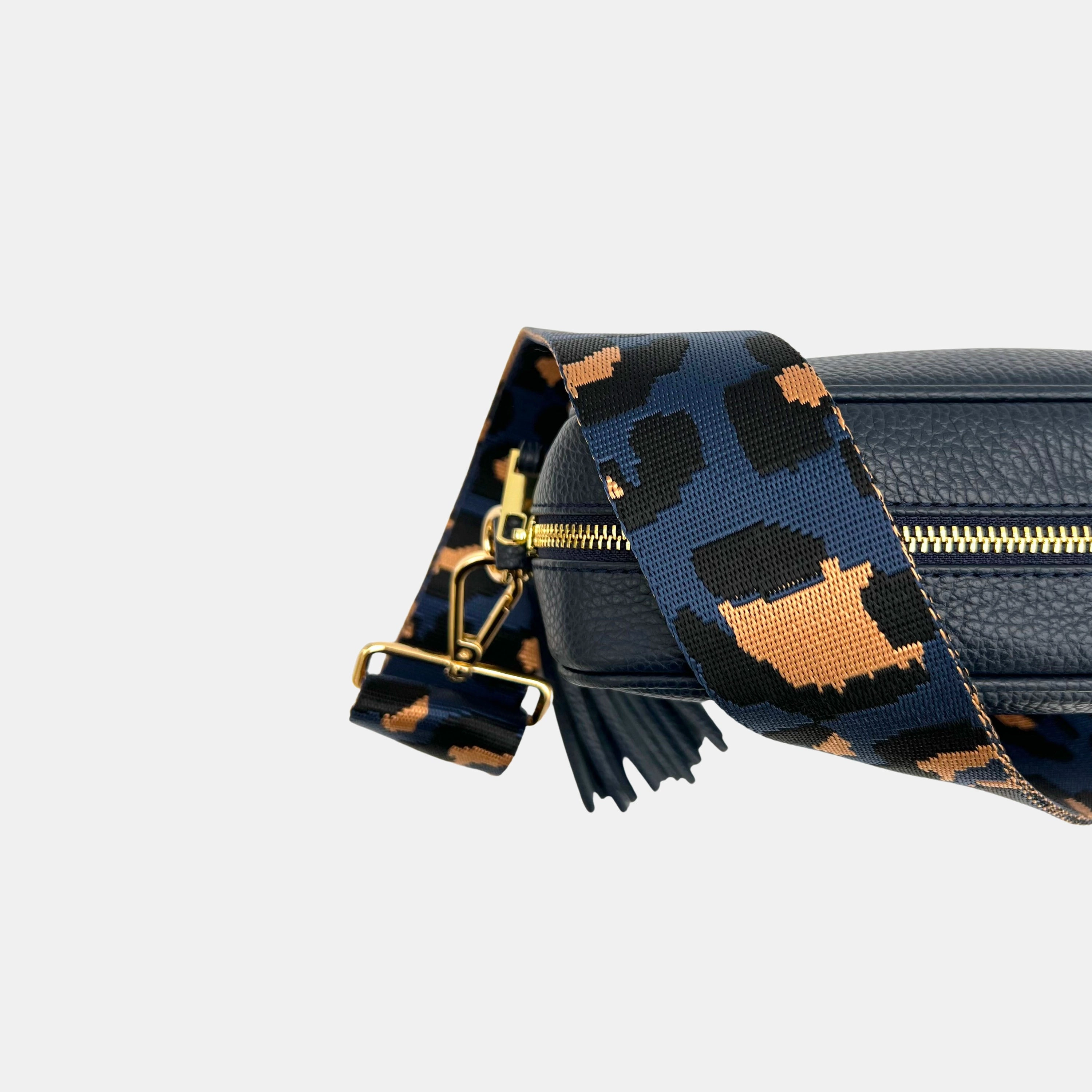 Navy Leather Crossbody Bag With Navy Leopard Strap