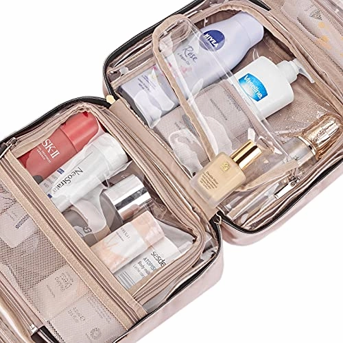 NISHEL 4 Sections Hanging Travel Toiletry Bag Organizer, Water Resistant Large Makeup Cosmetic Case for Bathroom Shower, Pink