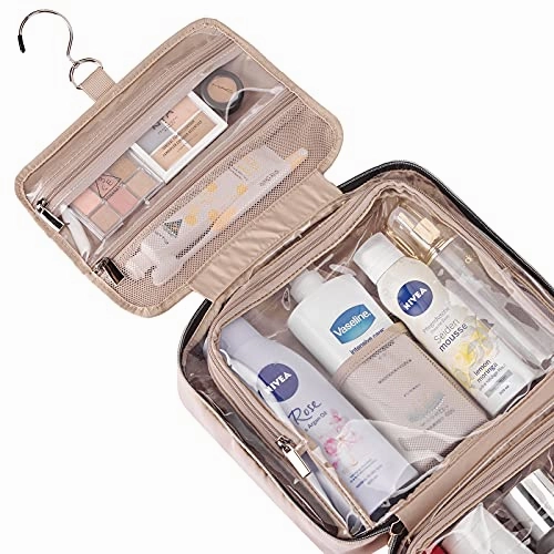 NISHEL 4 Sections Hanging Travel Toiletry Bag Organizer, Water Resistant Large Makeup Cosmetic Case for Bathroom Shower, Pink