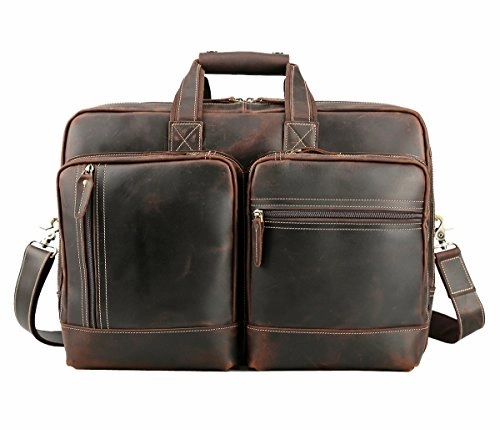 Polare Full Grain Leather 16.5'' Expandable Business Briefcase Laptop Travel Bag