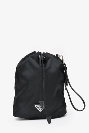 Prada 2019 Black Nylon Vela Logo Drawstring Bucket Pouch