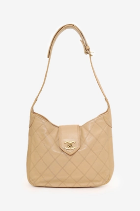 Pre-Loved Chanel 1986-88 Beige Quilted Lambskin CC Hobo Shoulder Bag with Pouch