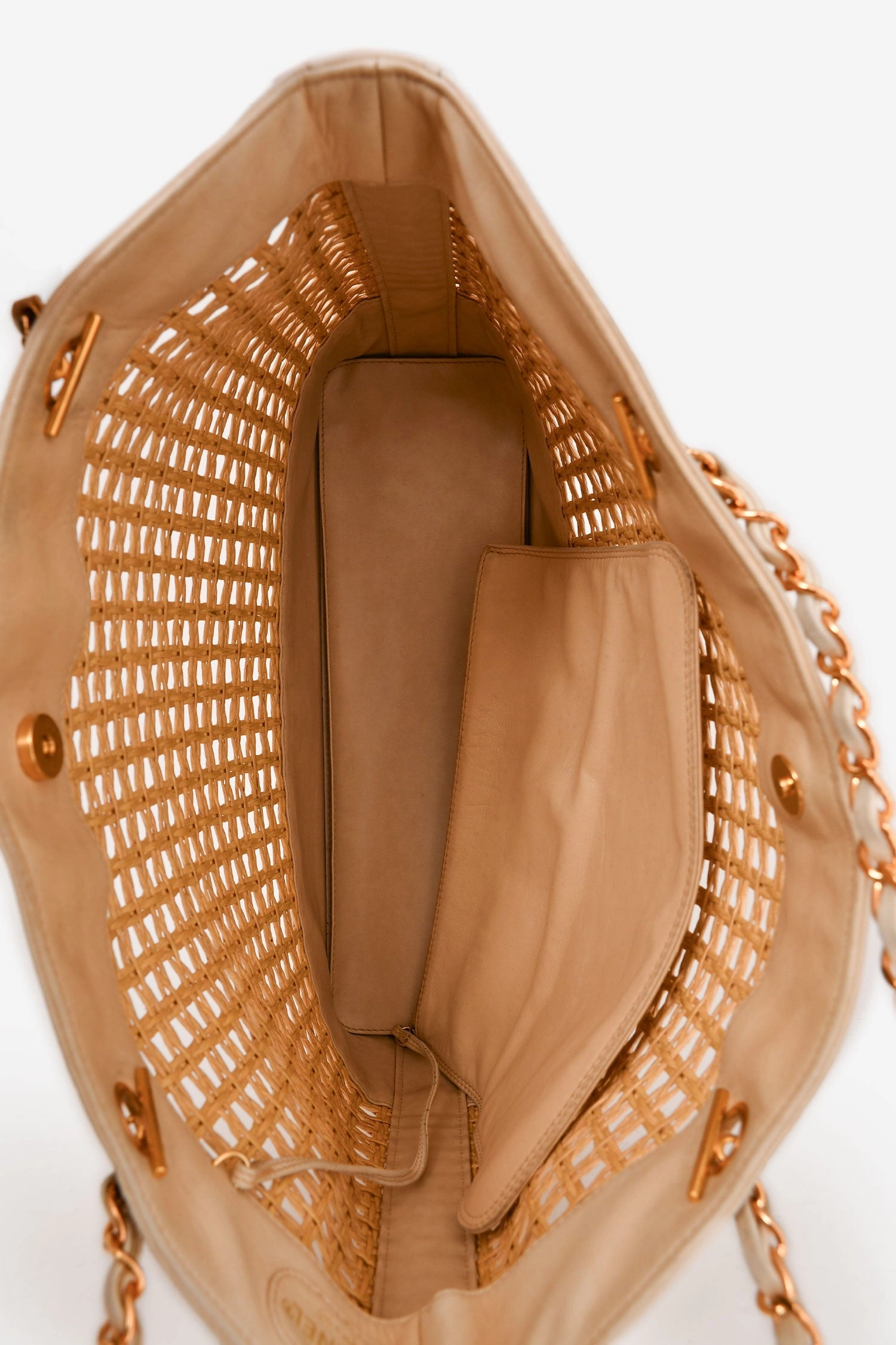 Pre-Loved Chanel 1996-97 Beige Woven Straw Lambskin CC Shopper Tote