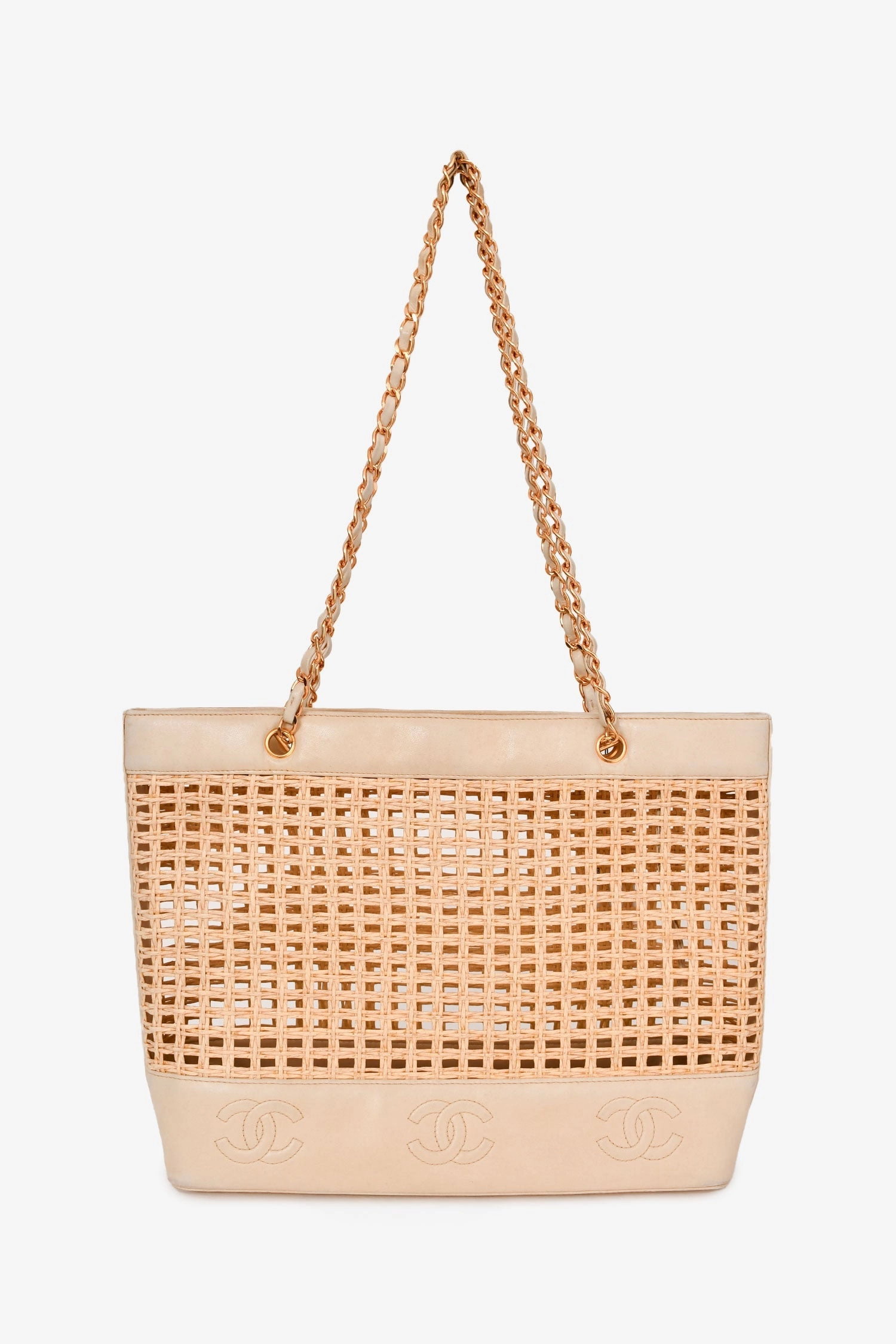 Pre-Loved Chanel 1996-97 Beige Woven Straw Lambskin CC Shopper Tote