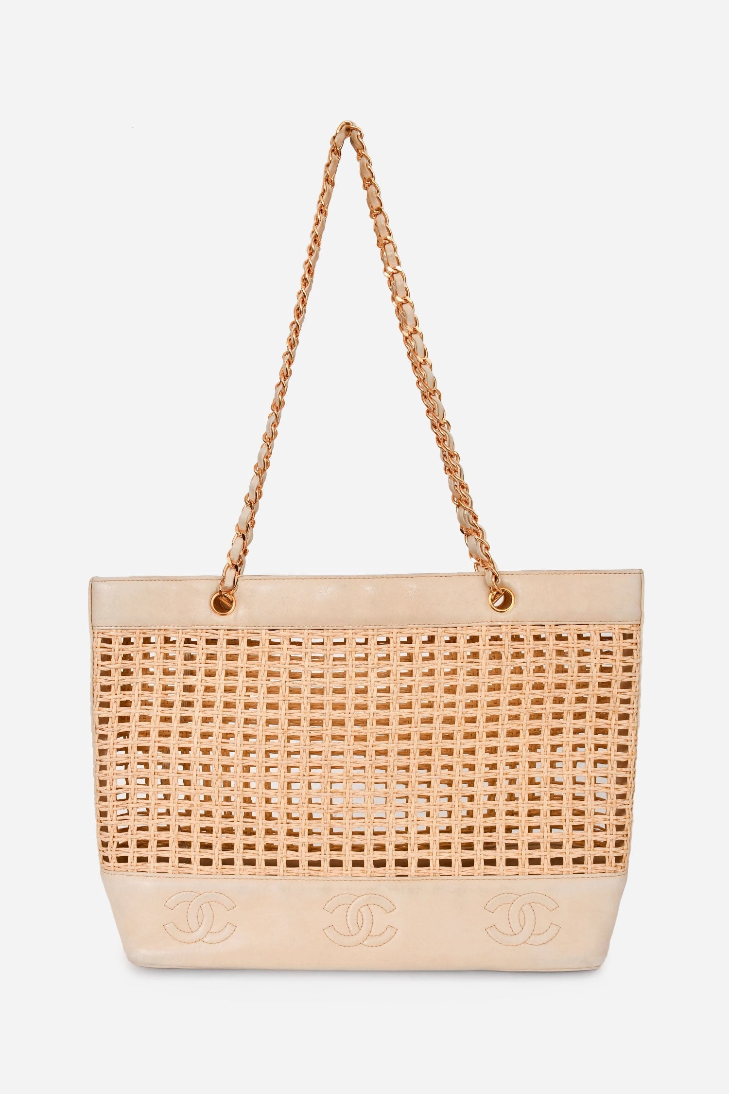 Pre-Loved Chanel 1996-97 Beige Woven Straw Lambskin CC Shopper Tote