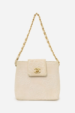 Pre-Loved Chanel 1997-99 Beige Canvas Camellia Embroidered Bucket Bag (As Is)