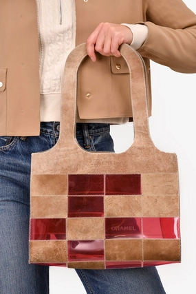 Pre-Loved Chanel 1997/99 Pink/Beige Suede Translucent Patchwork Tote (As Is)