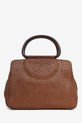 Pre-Loved Chanel 2000-02 Brown Woven Straw Raffia Wooden Top Handle Bag