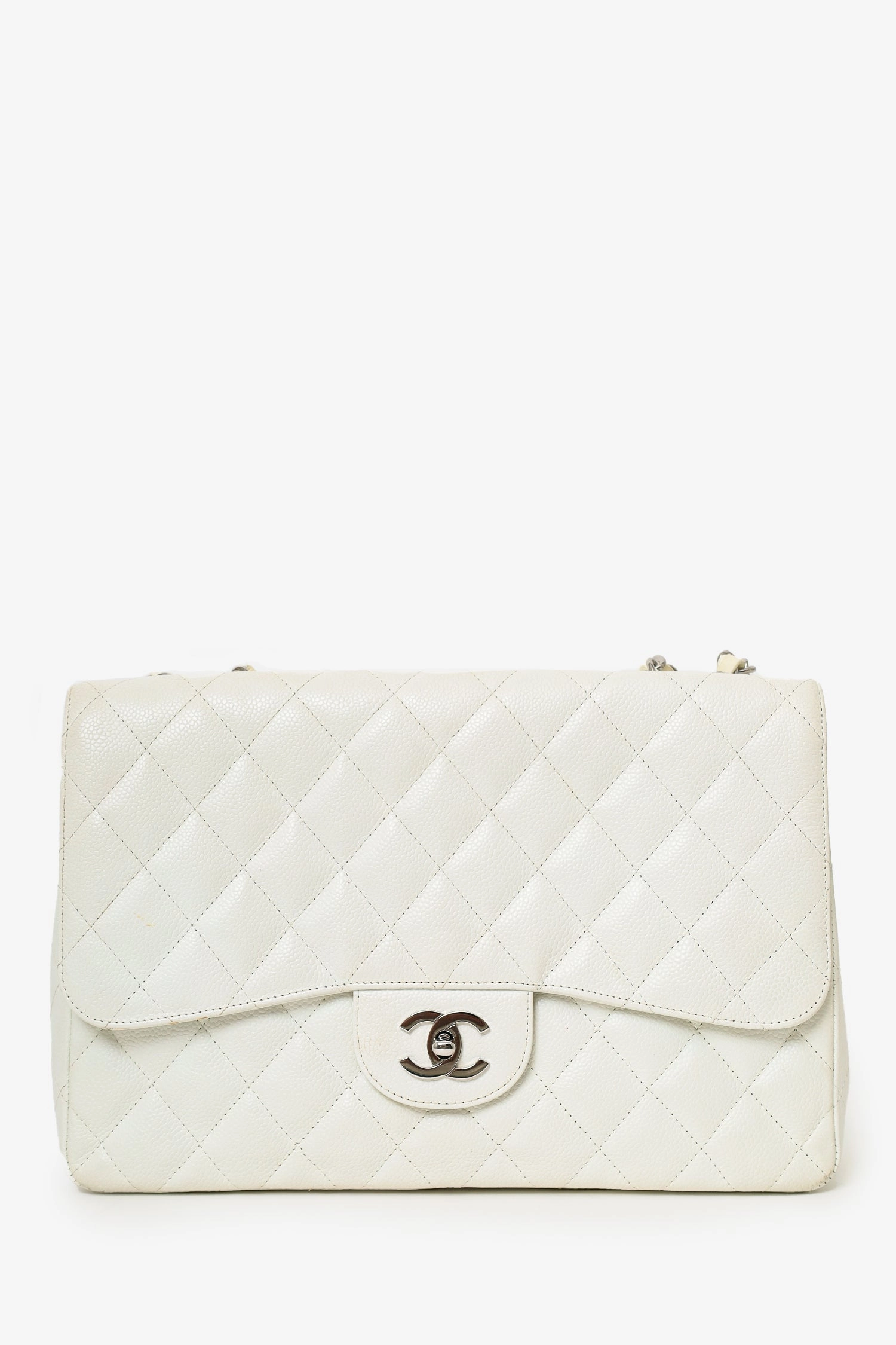 Pre-Loved Chanel 2006-08 White Caviar Leather Jumbo Single Flap Bag