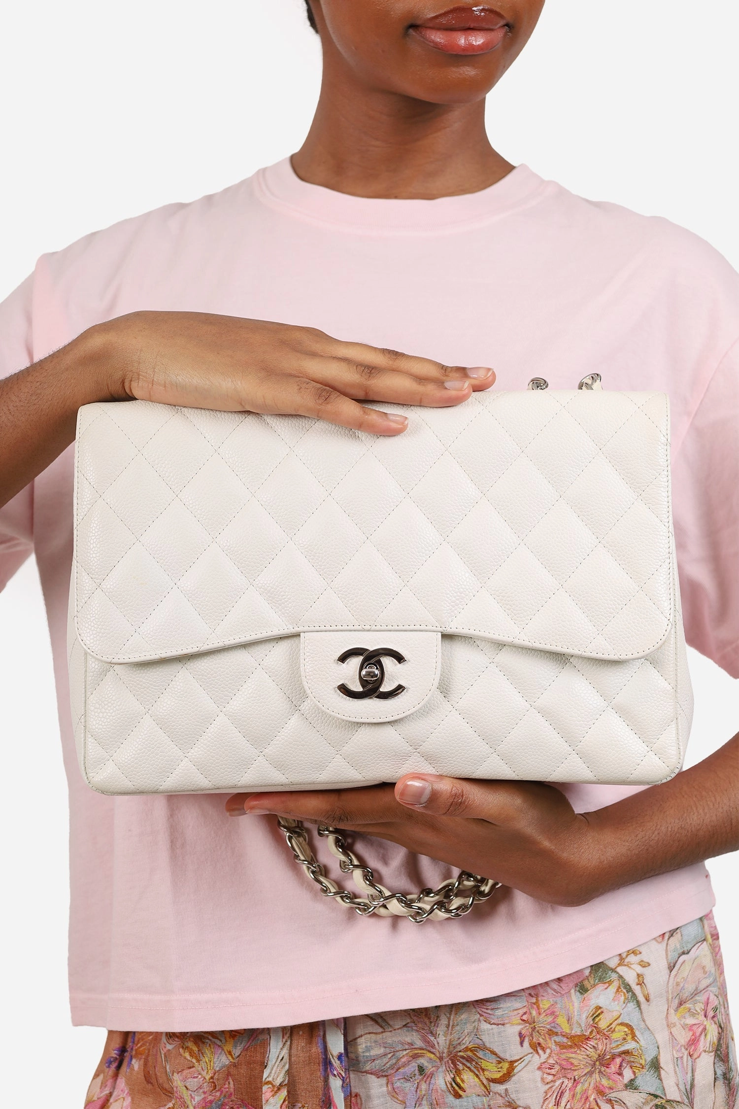 Pre-Loved Chanel 2006-08 White Caviar Leather Jumbo Single Flap Bag