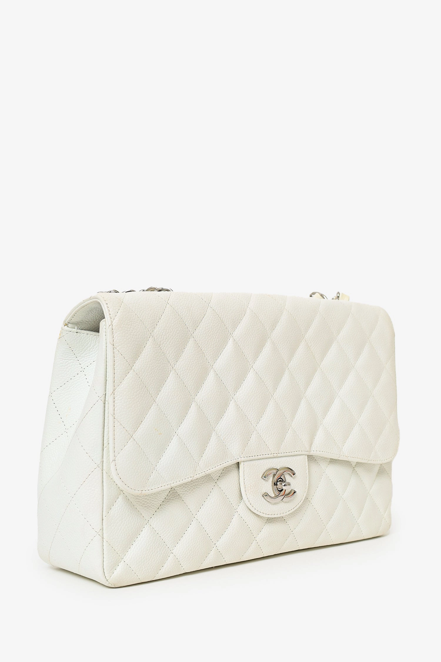 Pre-Loved Chanel 2006-08 White Caviar Leather Jumbo Single Flap Bag