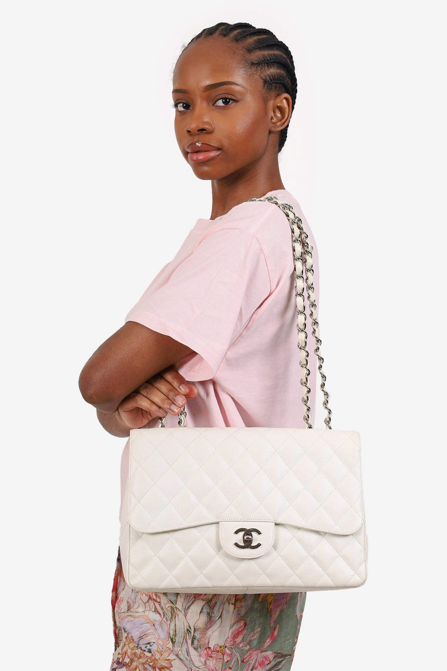 Pre-Loved Chanel 2006-08 White Caviar Leather Jumbo Single Flap Bag