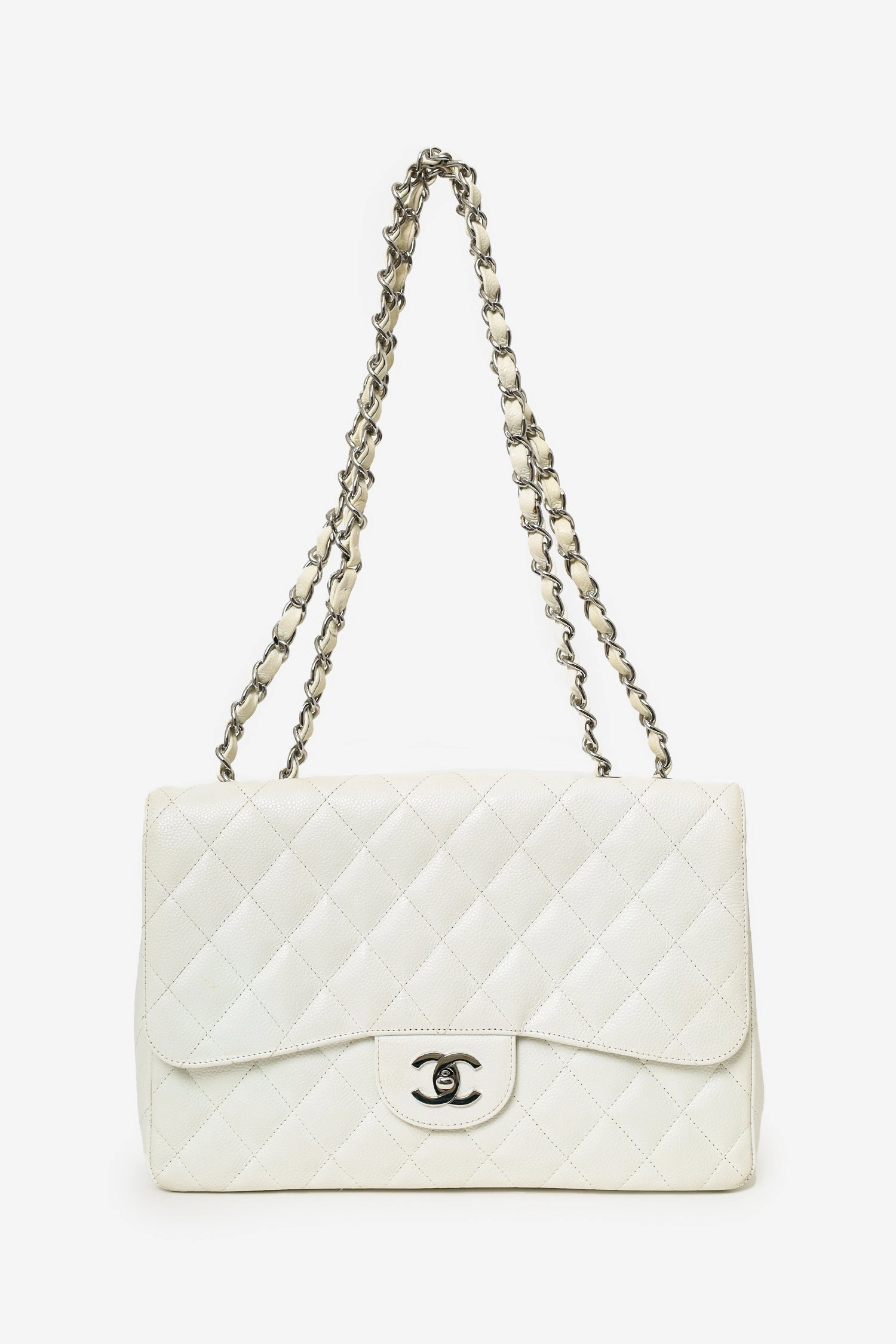 Pre-Loved Chanel 2006-08 White Caviar Leather Jumbo Single Flap Bag