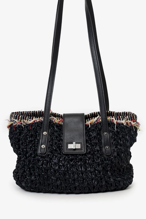 Pre-Loved Chanel 2010-11 Black Straw Tweed 255 Tote Bag