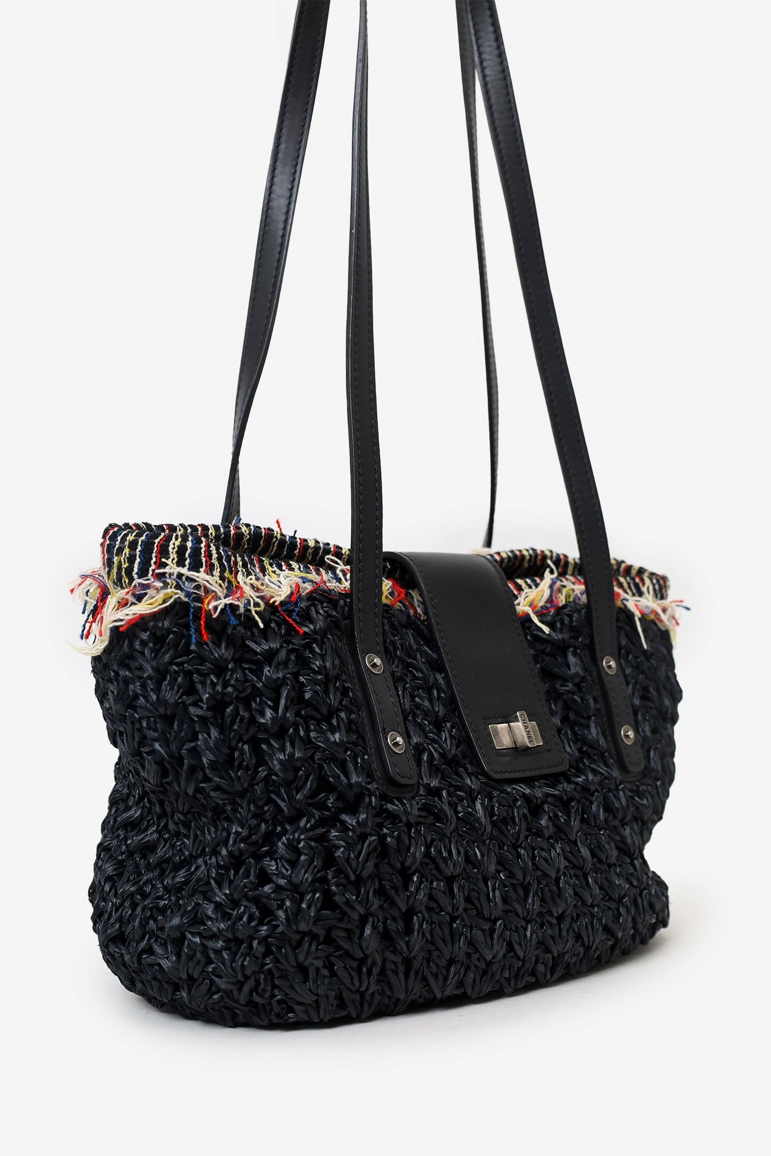 Pre-Loved Chanel 2010-11 Black Straw Tweed 255 Tote Bag