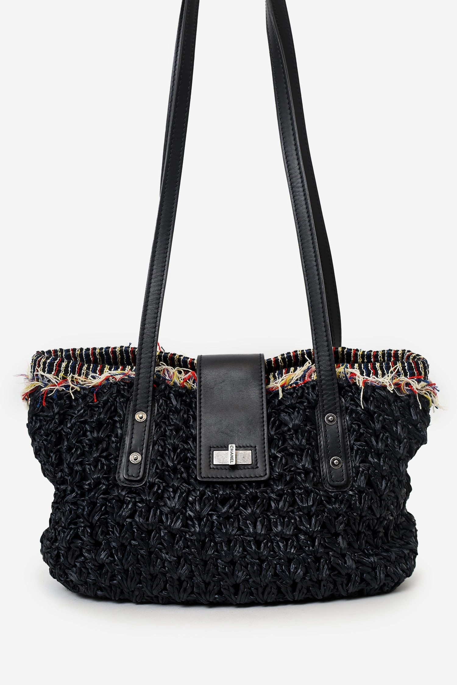 Pre-Loved Chanel 2010-11 Black Straw Tweed 255 Tote Bag