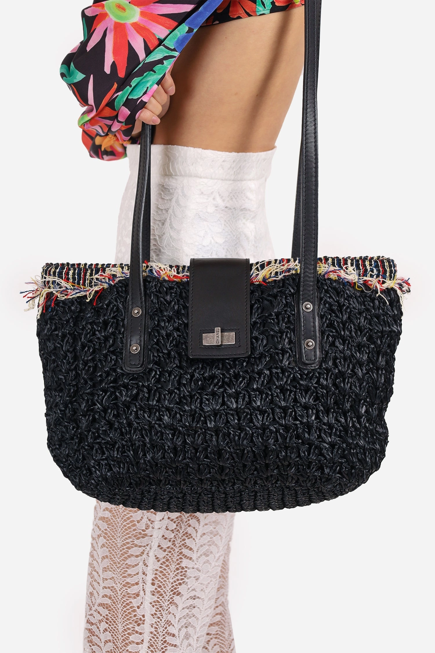 Pre-Loved Chanel 2010-11 Black Straw Tweed 255 Tote Bag
