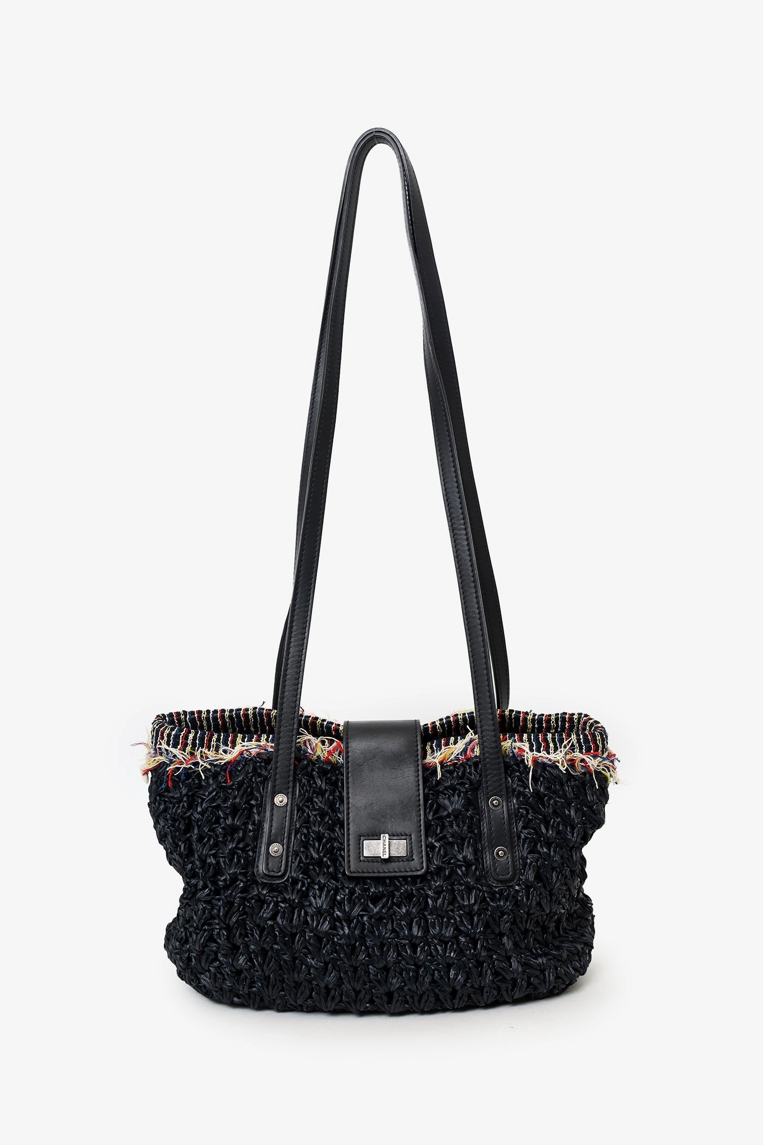 Pre-Loved Chanel 2010-11 Black Straw Tweed 255 Tote Bag