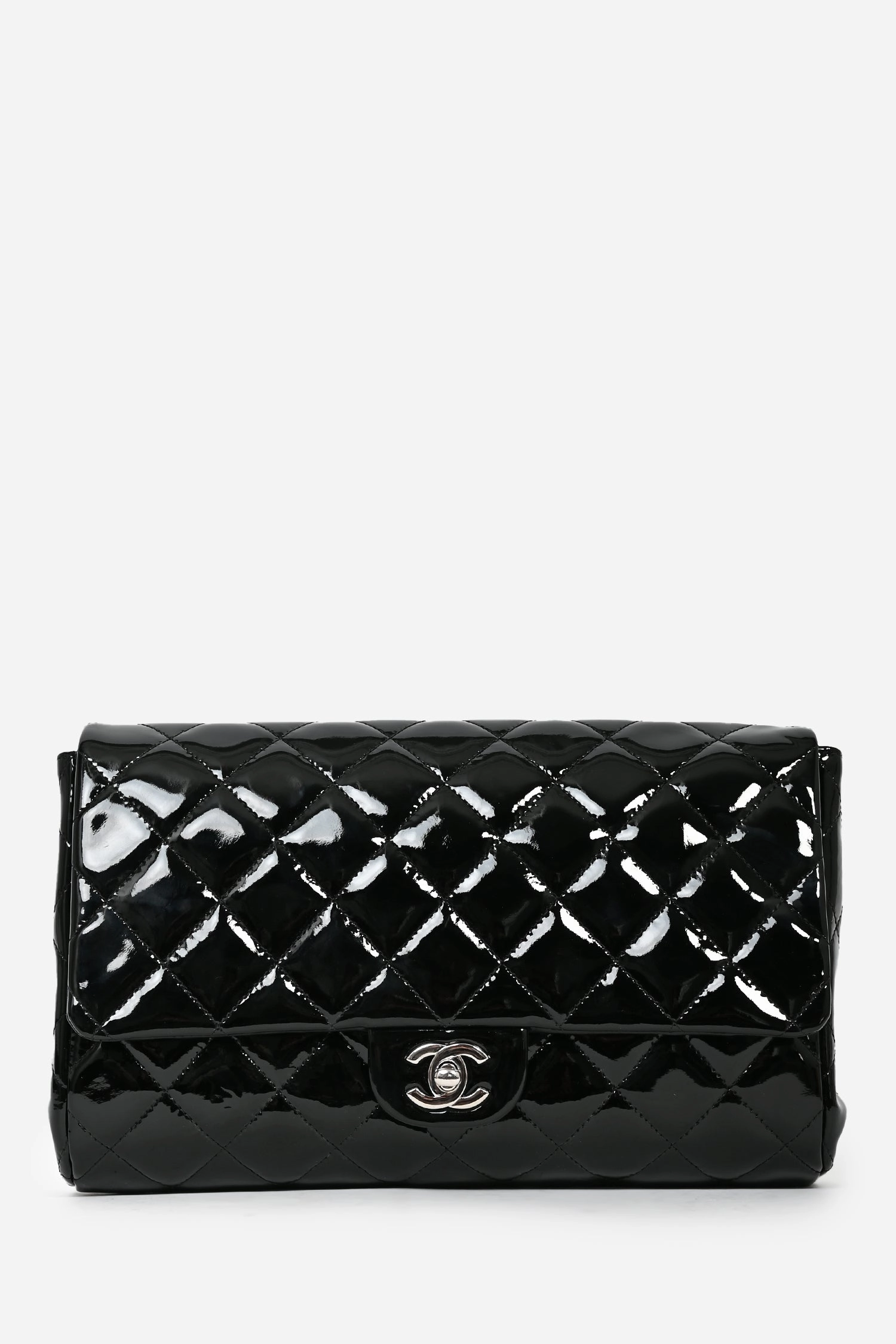 Pre-Loved Chanel 2011/12 Black Patent Leather Classic Flap Clutch with Chain