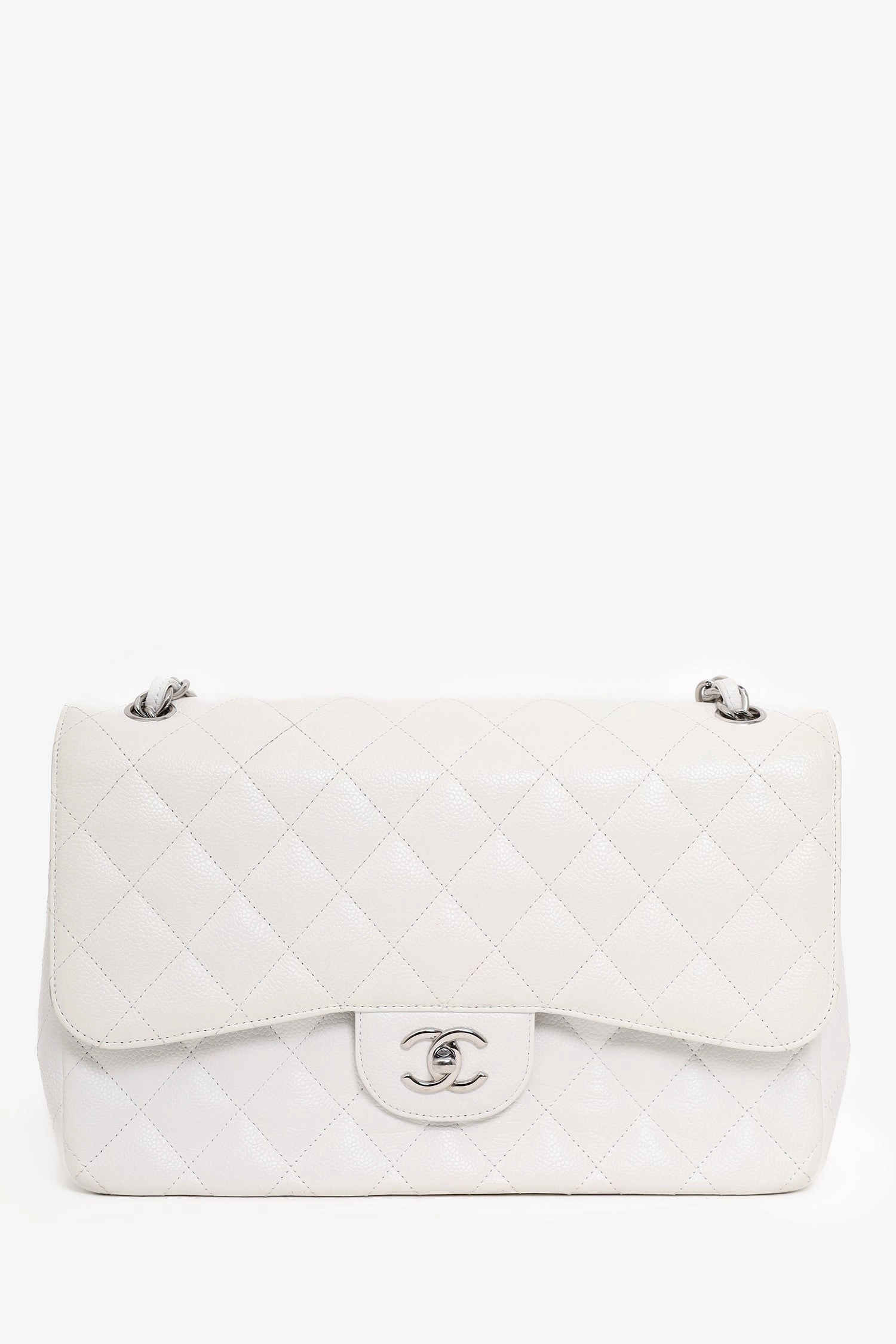 Pre-Loved Chanel 2011 White Caviar Leather Jumbo Classic Flap Shoulder Bag